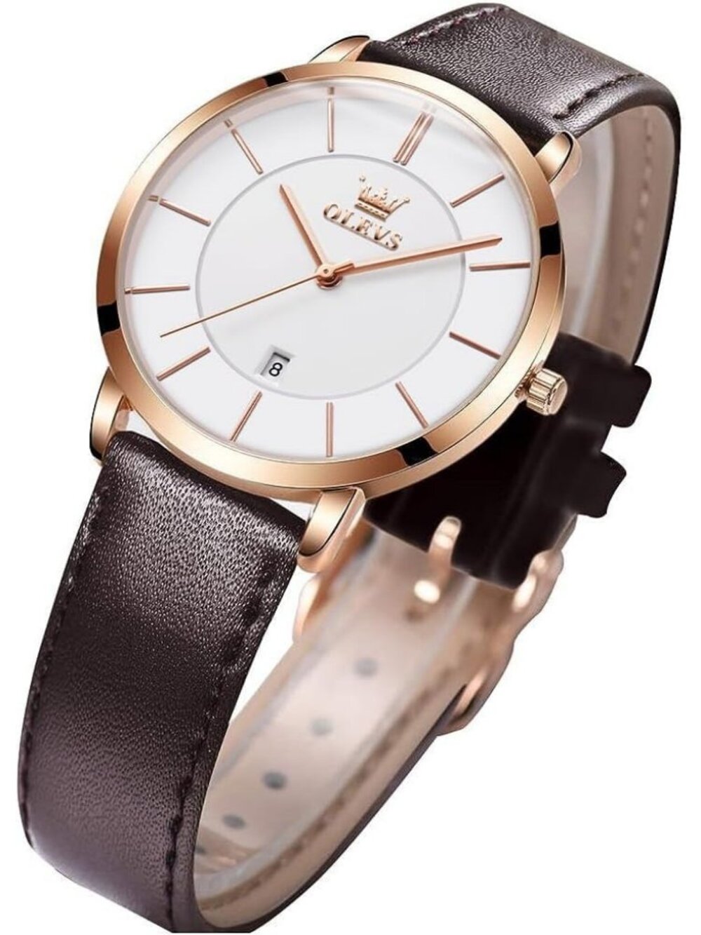 Women's White face & Rose gold bezel & Dark Brown Classic Dress Wrist Watch